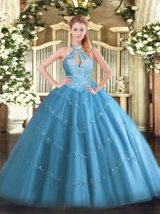 Baby Blue Tulle Lace Up Quinceanera Gowns Sleeveless Floor Length Beading