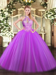 Purple Ball Gowns Halter Top Sleeveless Tulle Floor Length Lace Up Sequins 15th Birthday Dress