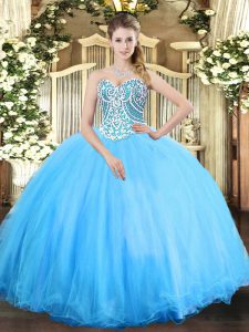 Modern Aqua Blue Ball Gowns Tulle Sweetheart Sleeveless Beading Floor Length Lace Up Sweet 16 Quinceanera Dress