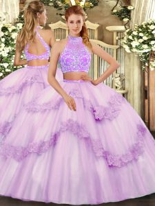 Customized Lavender Two Pieces Beading and Lace and Ruffles Quinceanera Dress Criss Cross Tulle Sleeveless Floor Length
