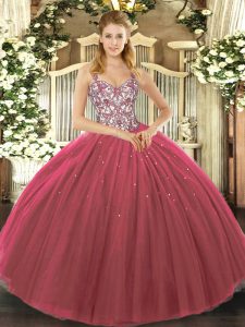 Classical Sleeveless Floor Length Beading and Appliques Lace Up Quince Ball Gowns with Fuchsia
