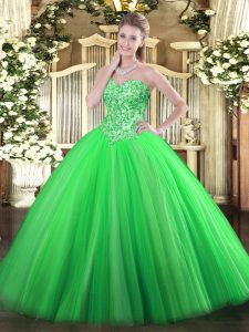 Floor Length Lace Up Quinceanera Gowns Green for Military Ball and Sweet 16 and Quinceanera with Appliques