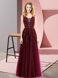Superior Burgundy Prom and Party with Beading and Appliques Square Sleeveless Backless