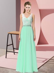 Low Price Apple Green Empire Chiffon V-neck Sleeveless Beading Floor Length Lace Up Prom Party Dress