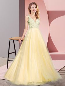 Gold A-line V-neck Sleeveless Tulle Floor Length Zipper Lace Homecoming Dress