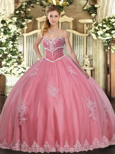 High Class Sleeveless Floor Length Beading and Appliques Lace Up Vestidos de Quinceanera with Watermelon Red