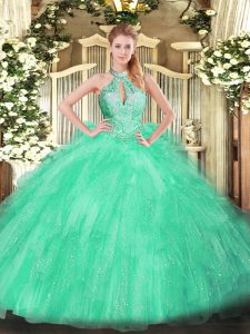Floor Length Lace Up Ball Gown Prom Dress Apple Green for Military Ball and Sweet 16 and Quinceanera with Beading and Ruffles