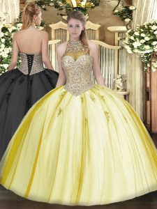 Beading and Appliques Quince Ball Gowns Yellow Lace Up Sleeveless Floor Length