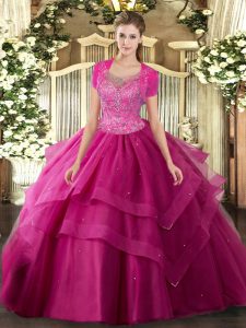 Hot Pink Tulle Clasp Handle Sweet 16 Dress Sleeveless Floor Length Beading and Ruffles