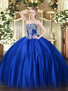 Royal Blue Satin Lace Up Sweet 16 Dress Sleeveless Floor Length Beading