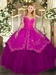 Pretty Fuchsia Lace Up Scoop Lace and Embroidery Sweet 16 Dresses Organza and Taffeta Long Sleeves