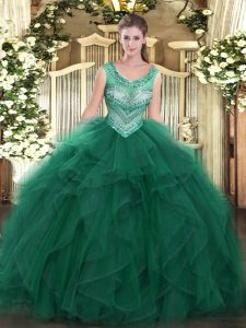 Beading and Ruffles Ball Gown Prom Dress Dark Green Lace Up Sleeveless Floor Length