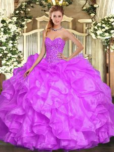 High Quality Lilac Ball Gowns Beading and Ruffles 15 Quinceanera Dress Lace Up Organza Sleeveless Floor Length
