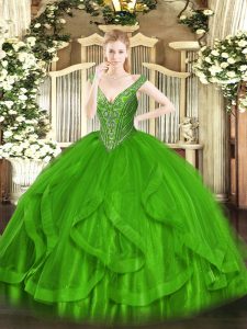 Low Price Lace Up V-neck Beading and Ruffles 15 Quinceanera Dress Tulle Sleeveless