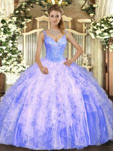 Ideal Lavender Tulle Lace Up V-neck Sleeveless Floor Length Quinceanera Gown Beading and Ruffles