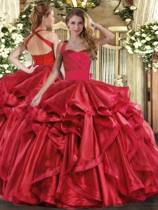 Colorful Ball Gowns Quinceanera Gowns Wine Red Halter Top Organza Sleeveless Floor Length Lace Up