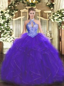 Organza Halter Top Sleeveless Lace Up Ruffles and Sequins Quinceanera Gowns in Purple
