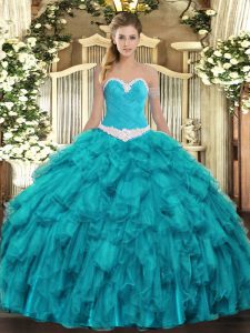 Excellent Ball Gowns Sweet 16 Quinceanera Dress Teal Sweetheart Organza Sleeveless Floor Length Lace Up