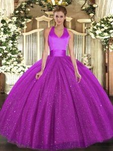 Low Price Halter Top Sleeveless Lace Up 15 Quinceanera Dress Fuchsia Tulle