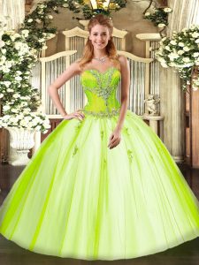 Floor Length Yellow Green Ball Gown Prom Dress Tulle Sleeveless Beading