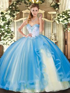 Fitting Tulle Sweetheart Sleeveless Lace Up Beading and Ruffles Quince Ball Gowns in Baby Blue