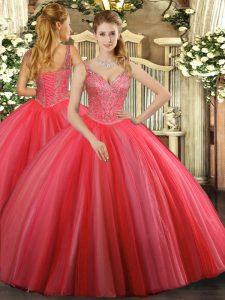 V-neck Sleeveless Lace Up Quinceanera Gowns Coral Red Tulle