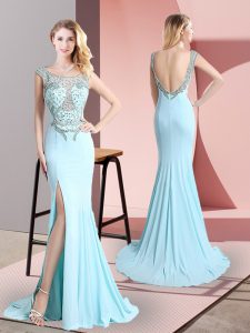 Latest Aqua Blue Sleeveless Beading Backless Prom Gown