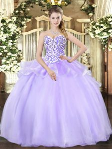 Lavender Lace Up Sweetheart Beading Quince Ball Gowns Organza Sleeveless