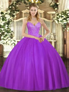 Romantic Eggplant Purple Quinceanera Gown Military Ball and Sweet 16 and Quinceanera with Beading V-neck Sleeveless Lace Up