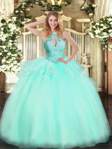 Cute Sleeveless Tulle Floor Length Lace Up Quinceanera Gowns in Aqua Blue with Beading