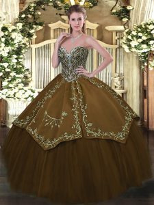 Sleeveless Floor Length Beading and Embroidery Lace Up 15 Quinceanera Dress with Brown