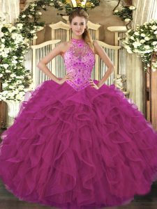 Discount Floor Length Fuchsia Quinceanera Dress Halter Top Sleeveless Lace Up