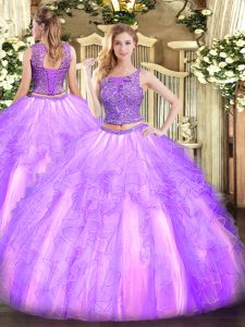 Luxurious Two Pieces Quinceanera Dresses Lavender Scoop Tulle Sleeveless Floor Length Lace Up