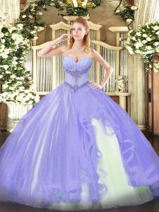 Lavender Sleeveless Tulle Lace Up Quinceanera Gowns for Military Ball and Sweet 16 and Quinceanera