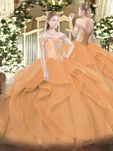 Custom Designed Off The Shoulder Sleeveless 15th Birthday Dress Floor Length Beading and Ruffles Orange Tulle
