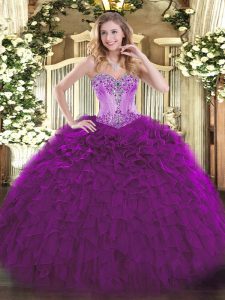 Floor Length Lace Up Quinceanera Gowns Eggplant Purple for Sweet 16 and Quinceanera with Beading and Ruffles