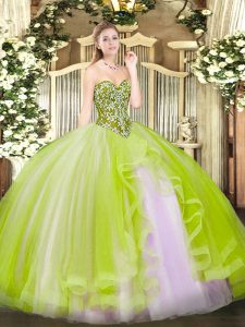 Tulle Sweetheart Sleeveless Lace Up Beading and Ruffles Ball Gown Prom Dress in Yellow Green