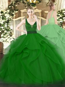 Custom Fit Dark Green Tulle Zipper Straps Sleeveless Floor Length Quinceanera Gown Beading and Ruffles