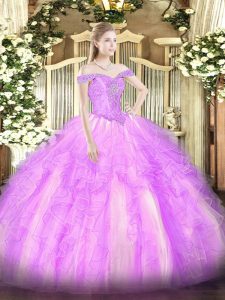 Lilac Quinceanera Dress Military Ball and Sweet 16 and Quinceanera with Beading and Ruffles Off The Shoulder Sleeveless Lace Up