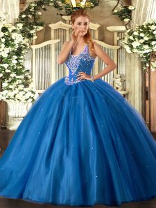 Shining Straps Sleeveless Ball Gown Prom Dress Floor Length Beading Blue Tulle