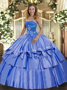 Pretty Floor Length Lace Up 15th Birthday Dress Blue for Military Ball and Sweet 16 and Quinceanera with Beading and Ruffled Layers
