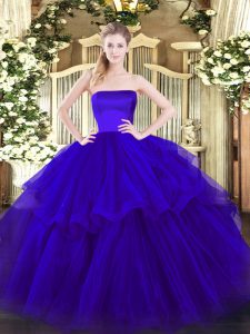 Unique Blue Zipper Strapless Ruffled Layers Quinceanera Gown Tulle Sleeveless Brush Train