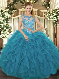 Teal Ball Gowns Beading and Ruffles Vestidos de Quinceanera Lace Up Organza Cap Sleeves Floor Length
