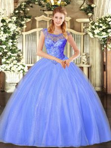 Blue Sleeveless Tulle Lace Up Quinceanera Gowns for Sweet 16 and Quinceanera