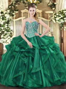 Organza Sweetheart Sleeveless Lace Up Beading and Ruffles Sweet 16 Quinceanera Dress in Dark Green