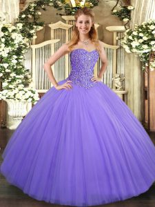 Sleeveless Floor Length Beading Lace Up 15 Quinceanera Dress with Lavender