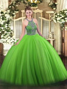 Flare Green Lace Up Quince Ball Gowns Beading Sleeveless Floor Length