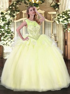 Light Yellow Lace Up Sweet 16 Dress Beading Sleeveless Floor Length