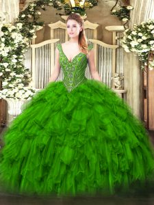 Sexy Ball Gowns V-neck Sleeveless Organza Floor Length Lace Up Beading and Ruffles 15th Birthday Dress