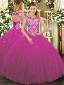 Scoop Cap Sleeves 15th Birthday Dress Floor Length Beading and Appliques Fuchsia Tulle